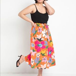 Eloquii Orange Floral Cinched Waist Full Skirt